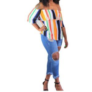 new Multicolor Off-The-Shoulder Top Blouse L